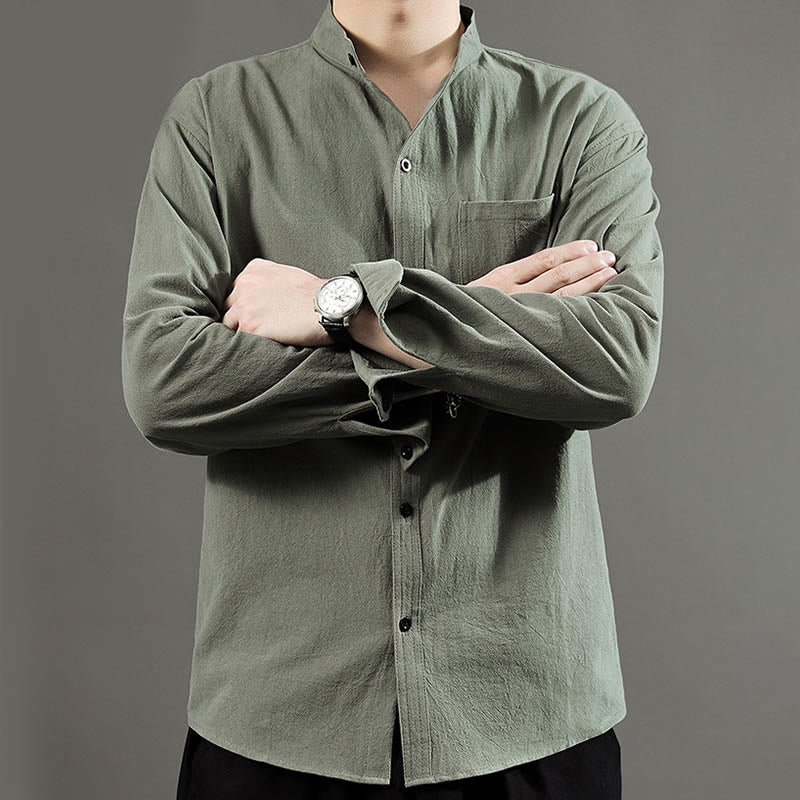 Buddha Stones Men's Long Sleeve Shirt With Pocket Stand Collar Comfort Linen Shirt - image 6