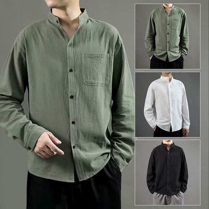 Buddha Stones Men's Long Sleeve Shirt With Pocket Stand Collar Comfort Linen Shirt - image 8