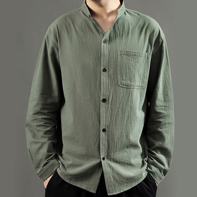 Buddha Stones Men's Long Sleeve Shirt With Pocket Stand Collar Comfort Linen Shirt - image 1