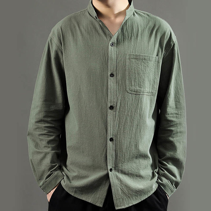 Buddha Stones Men's Long Sleeve Shirt With Pocket Stand Collar Comfort Linen Shirt - image 1