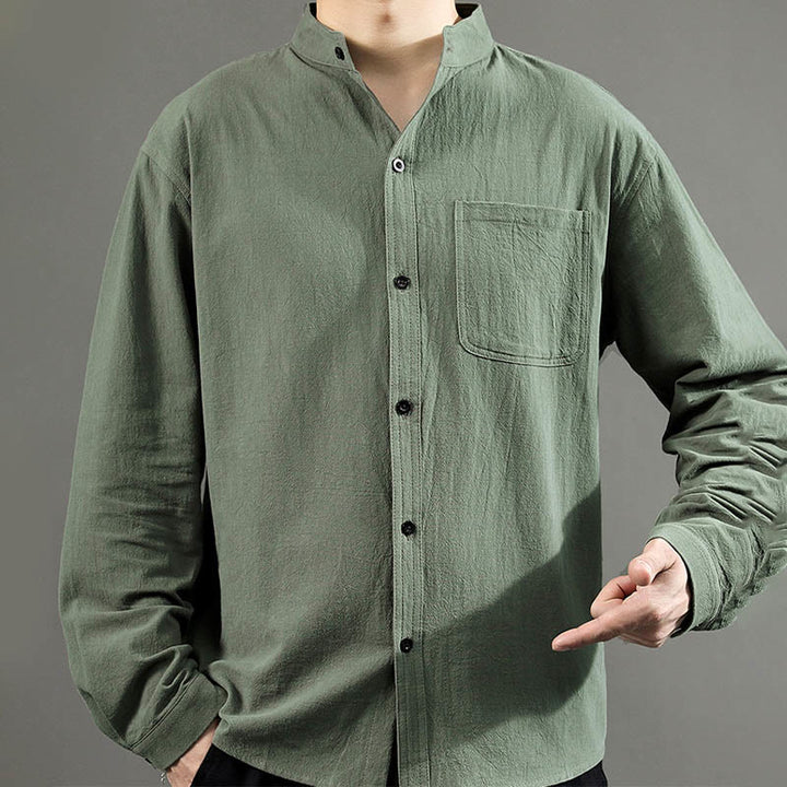 Buddha Stones Men's Long Sleeve Shirt With Pocket Stand Collar Comfort Linen Shirt - image 7
