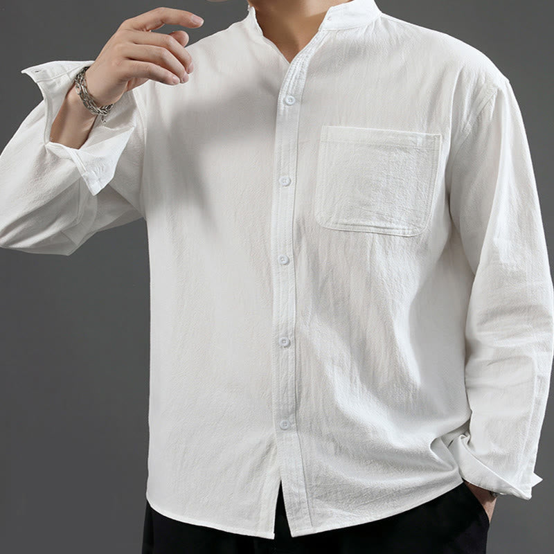 Buddha Stones Men's Long Sleeve Shirt With Pocket Stand Collar Comfort Linen Shirt - image 10
