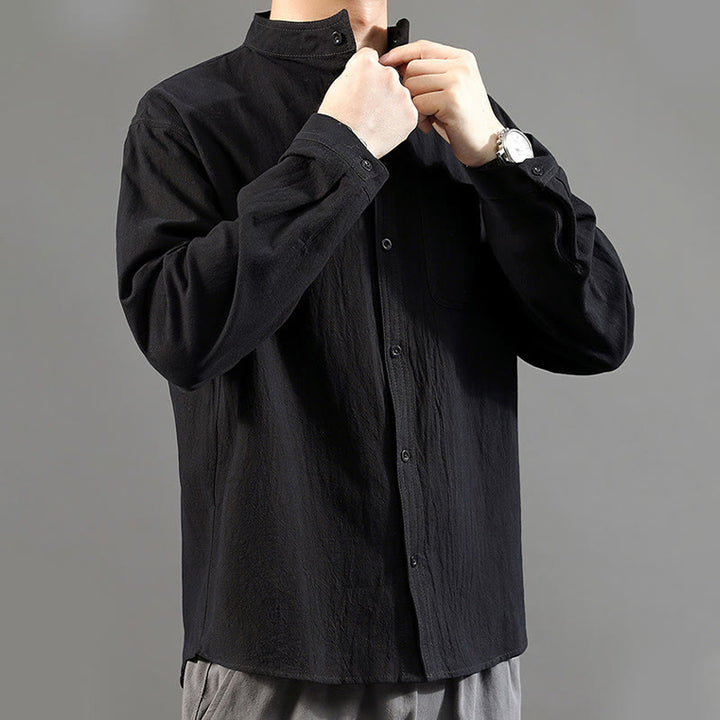 Buddha Stones Men's Long Sleeve Shirt With Pocket Stand Collar Comfort Linen Shirt - image 21