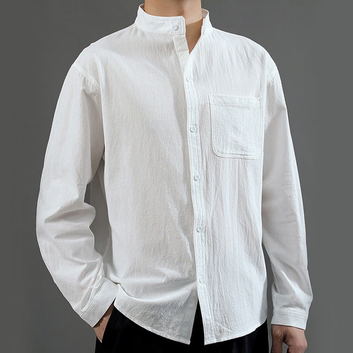 Buddha Stones Men's Long Sleeve Shirt With Pocket Stand Collar Comfort Linen Shirt - image 11