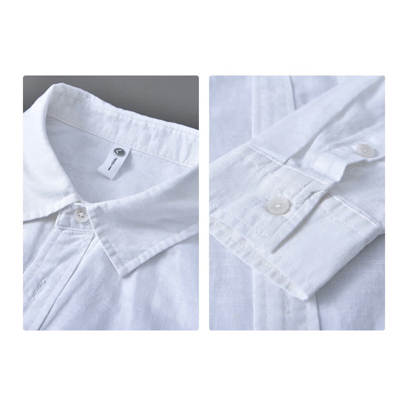 Buddha Stones Men's Long Sleeve Turn-down Collar With Pocket Pure Color Comfortable Cotton Shirt - image 15