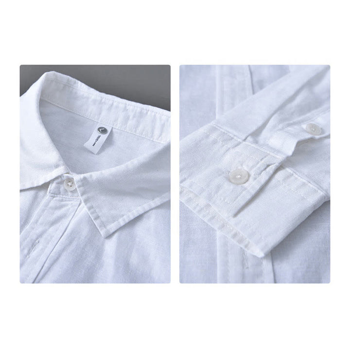 Buddha Stones Men's Long Sleeve Turn-down Collar With Pocket Pure Color Comfortable Cotton Shirt - image 15