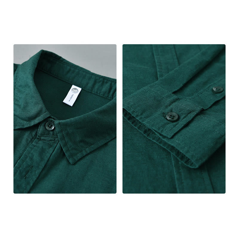 Buddha Stones Men's Long Sleeve Turn-down Collar With Pocket Pure Color Comfortable Cotton Shirt - image 27