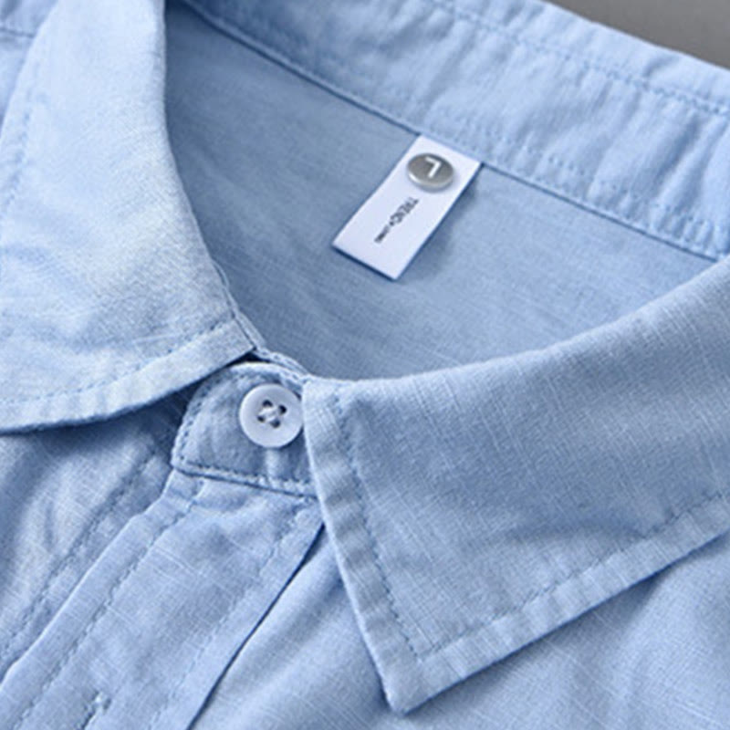 Buddha Stones Men's Long Sleeve Turn-down Collar With Pocket Pure Color Comfortable Cotton Shirt - image 17