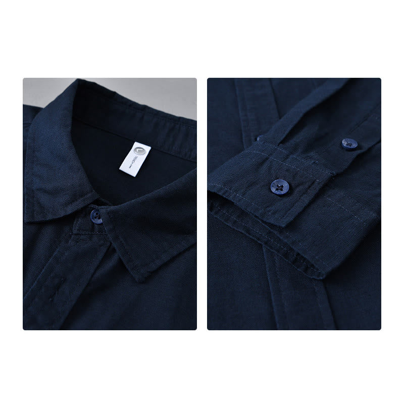 Buddha Stones Men's Long Sleeve Turn-down Collar With Pocket Pure Color Comfortable Cotton Shirt - image 39