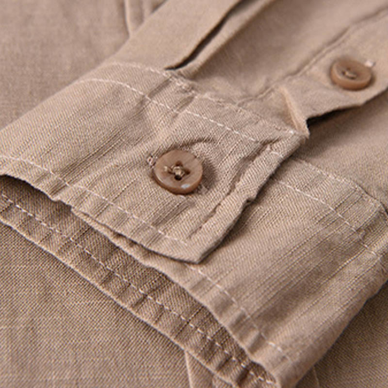 Buddha Stones Men's Long Sleeve Turn-down Collar With Pocket Pure Color Comfortable Cotton Shirt - image 22