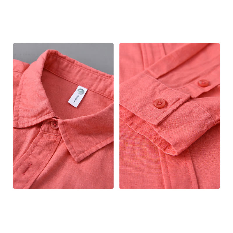 Buddha Stones Men's Long Sleeve Turn-down Collar With Pocket Pure Color Comfortable Cotton Shirt - image 35