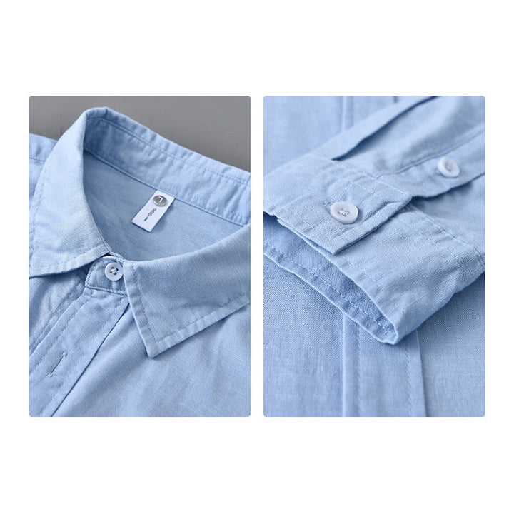 Buddha Stones Men's Long Sleeve Turn-down Collar With Pocket Pure Color Comfortable Cotton Shirt - image 19