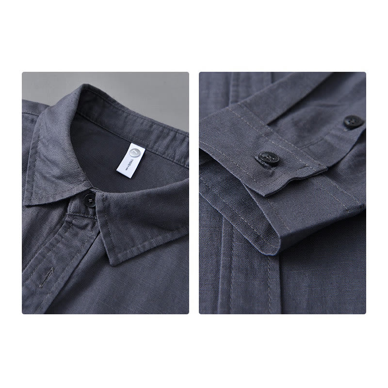 Buddha Stones Men's Long Sleeve Turn-down Collar With Pocket Pure Color Comfortable Cotton Shirt - image 31