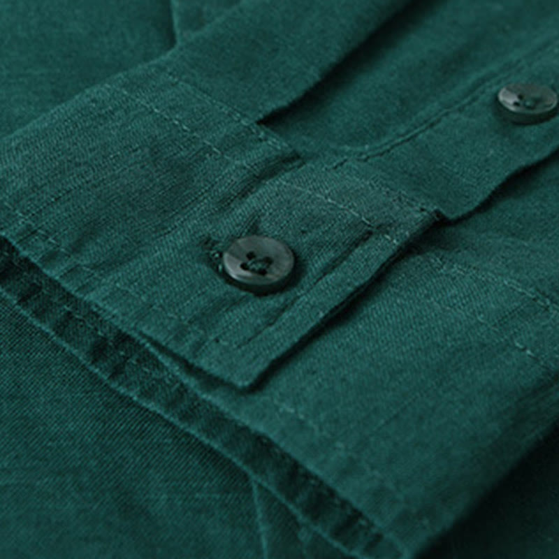 Buddha Stones Men's Long Sleeve Turn-down Collar With Pocket Pure Color Comfortable Cotton Shirt - image 26