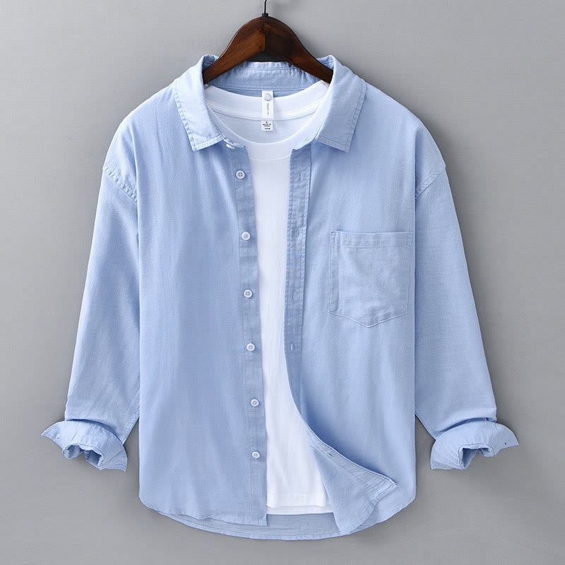 Buddha Stones Men's Long Sleeve Turn-down Collar With Pocket Pure Color Comfortable Cotton Shirt - LightSkyBlue - US/UK/AU42，EU52 (3XL) - image 16