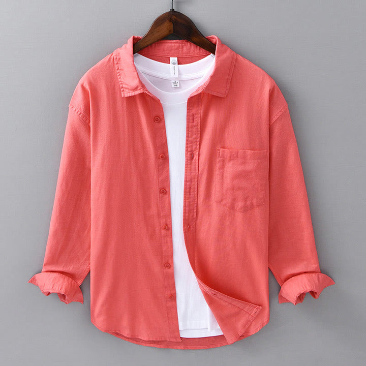 Buddha Stones Men's Long Sleeve Turn-down Collar With Pocket Pure Color Comfortable Cotton Shirt - Tomato - US/UK/AU42，EU52 (3XL) - image 32