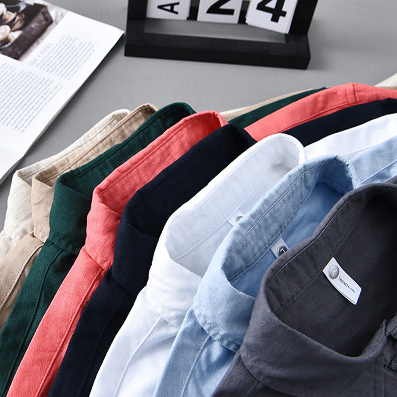 Buddha Stones Men's Long Sleeve Turn-down Collar With Pocket Pure Color Comfortable Cotton Shirt - image 1