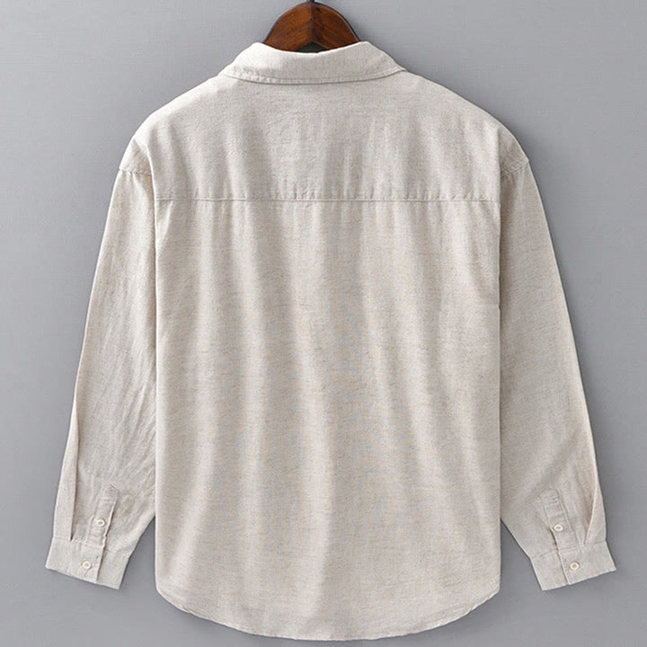 Buddha Stones Men's Long Sleeve Turn-down Collar With Pocket Pure Color Comfortable Cotton Shirt - image 2