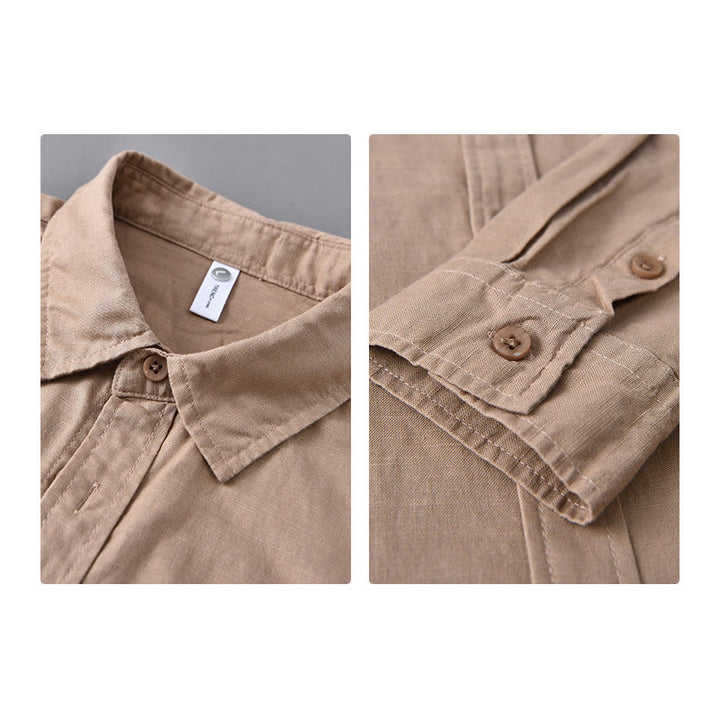 Buddha Stones Men's Long Sleeve Turn-down Collar With Pocket Pure Color Comfortable Cotton Shirt - image 23