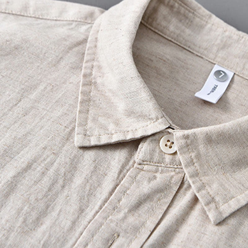 Buddha Stones Men's Long Sleeve Turn-down Collar With Pocket Pure Color Comfortable Cotton Shirt - image 4