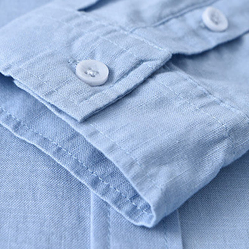 Buddha Stones Men's Long Sleeve Turn-down Collar With Pocket Pure Color Comfortable Cotton Shirt - image 18