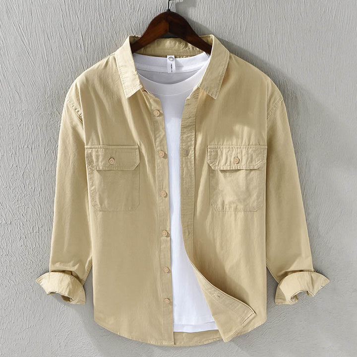 Buddha Stones Men's Long Sleeve Turn-down Collar With Pocket Pure Color Casual Cotton Shirt - PaleGoldenrod - US/UK/AU46，EU56 (5XL) - image 0