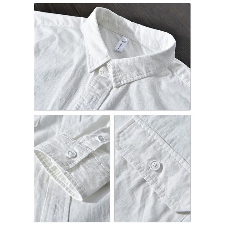 Buddha Stones Men's Long Sleeve Turn-down Collar With Pocket Pure Color Casual Cotton Shirt - image 12