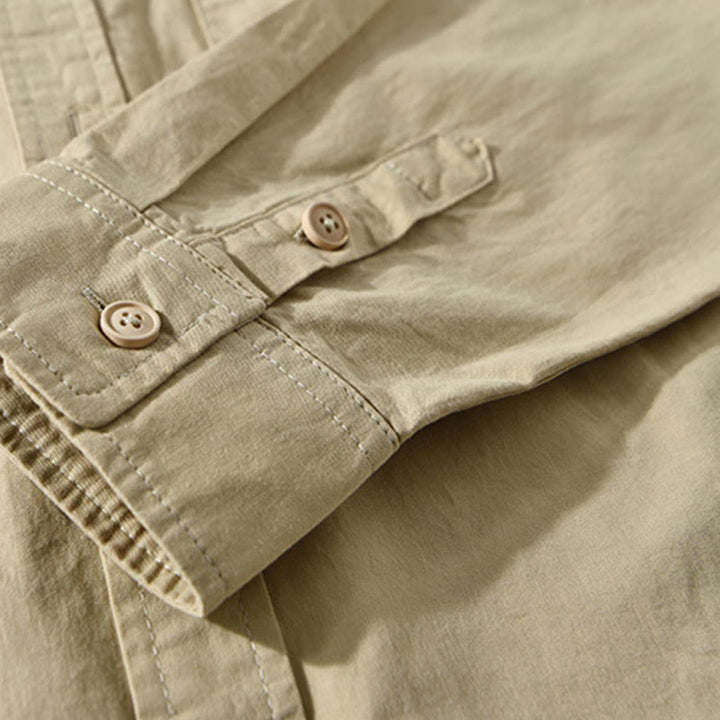 Buddha Stones Men's Long Sleeve Turn-down Collar With Pocket Pure Color Casual Cotton Shirt - image 6