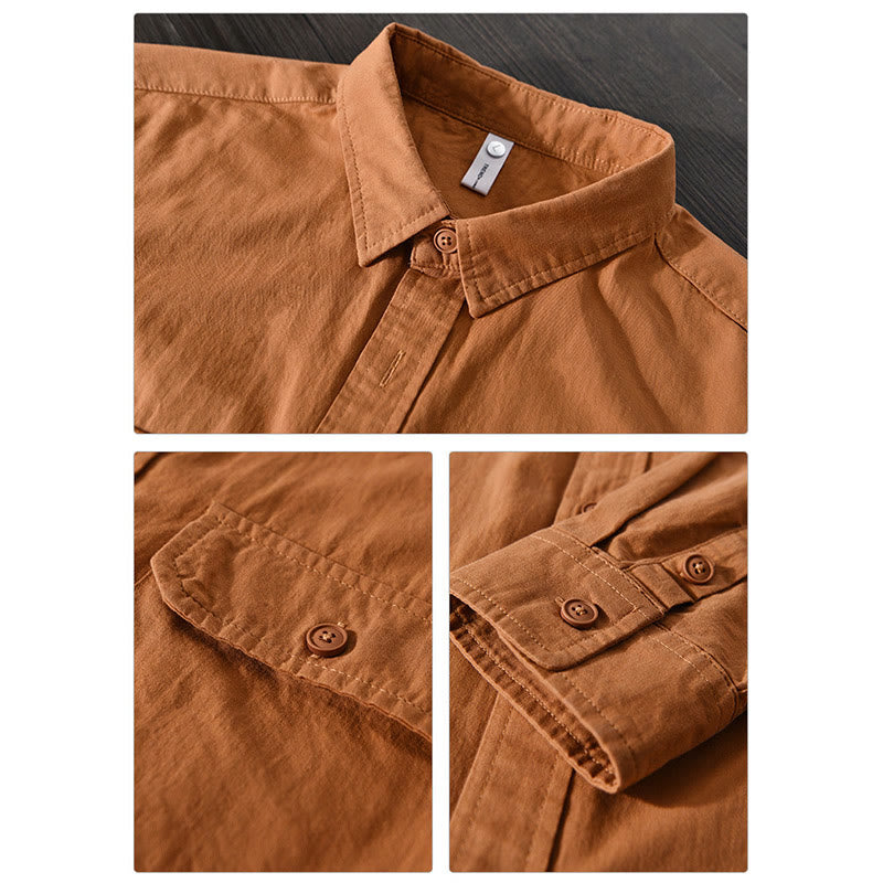 Buddha Stones Men's Long Sleeve Turn-down Collar With Pocket Pure Color Casual Cotton Shirt - image 14