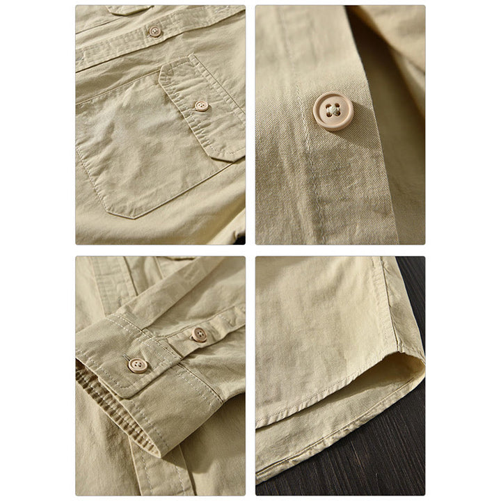 Buddha Stones Men's Long Sleeve Turn-down Collar With Pocket Pure Color Casual Cotton Shirt - image 8