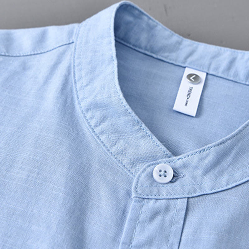 Buddha Stones Men's Long Sleeve Stand Collar With Pocket Pure Color Casual Cotton Linen Shirt - image 12