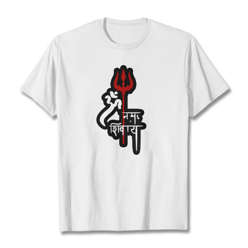 Buddha Stones OM NAMAH SHIVAYA Red Trident Profile Cotton Tee T-shirt - White - 2XL - image 14