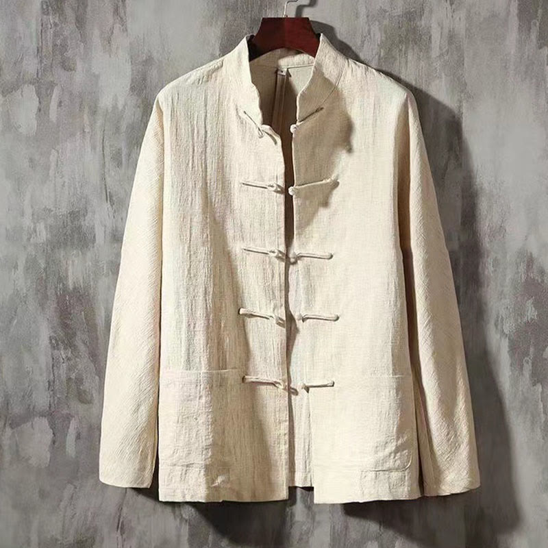 Buddha Stones Men's Tang Long Sleeve Shirt Frog Button With Pocket Stand Collar Comfort Shirt - Cornsilk - US/UK/AU44，EU54 (5XL) - image 9