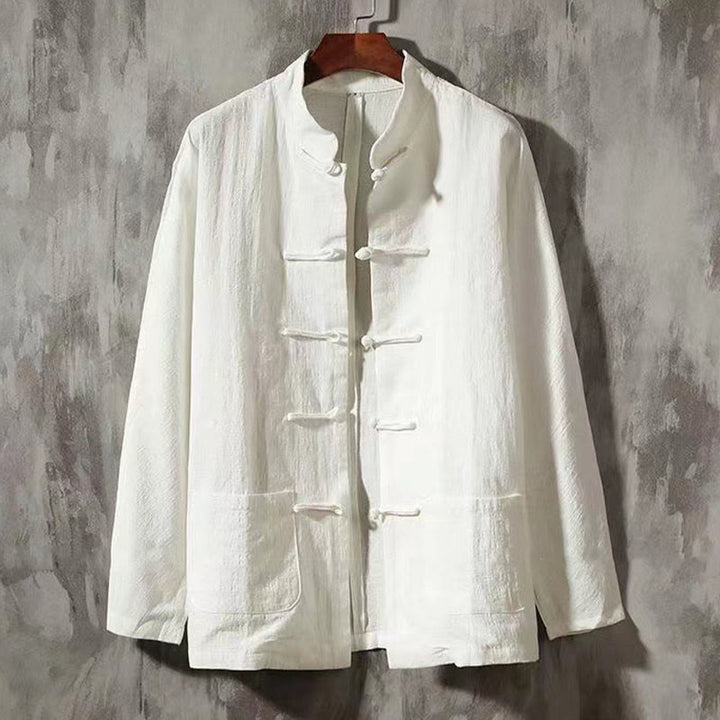 Buddha Stones Men's Tang Long Sleeve Shirt Frog Button With Pocket Stand Collar Comfort Shirt - White - US/UK/AU46，EU56 (5XL) - image 0