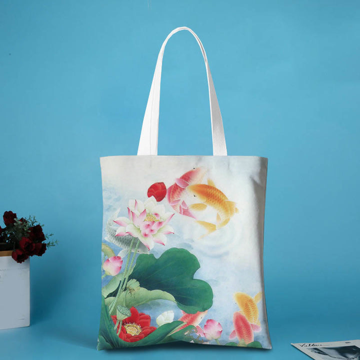 Buddha Stones Lotus Shape Canvas Shoulder Bag - Pink and Yellow koi Fish - no zipper - image 1