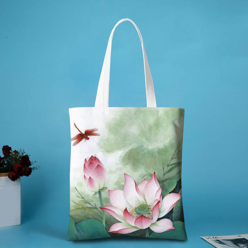 Buddha Stones Lotus Shape Canvas Shoulder Bag - Pink lotus Red dragonfly - no zipper - image 0