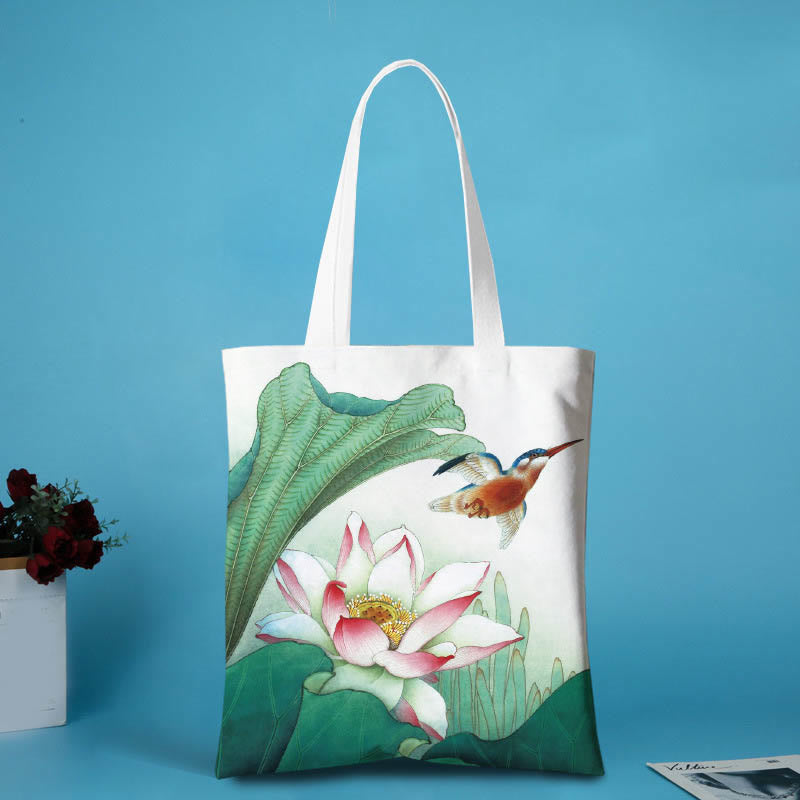 Buddha Stones Lotus Shape Canvas Shoulder Bag - Pink lotus Bird - no zipper - image 8