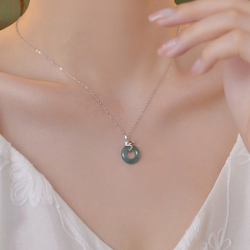Buddha Stones 925 Sterling Silver 18K Gold Jade Peace Buckle Spirit Snake Peace Necklace Pendant - image 2
