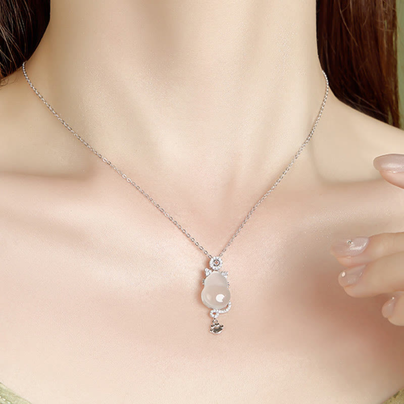 Buddha Stones 925 Sterling Silver Plated 14k Gold White Jade Gourd Cat Protection Necklace Pendant - image 4