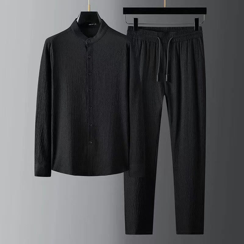 Buddha Stones Pure Color Long Sleeve Top Pants Clothing Men's Set - Black - US/UK/AU44，EU54 (4XL) - image 0
