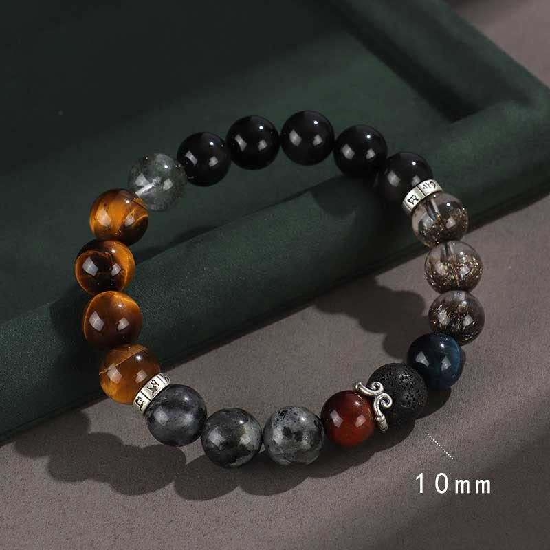 Buddha Stones 925 Sterling Silver Black Onyx Gold Sheen Obsidian Lava Rock Tiger Eye Six True Words Wealth Protection Bracelet - Tight Spell (Wrist Circumference 14-16cm) - image 4