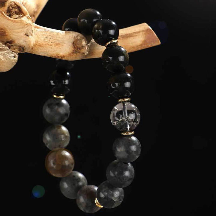 Buddha Stones 925 Sterling Silver Black Onyx Gold Sheen Obsidian Lava Rock Tiger Eye Six True Words Wealth Protection Bracelet - image 2