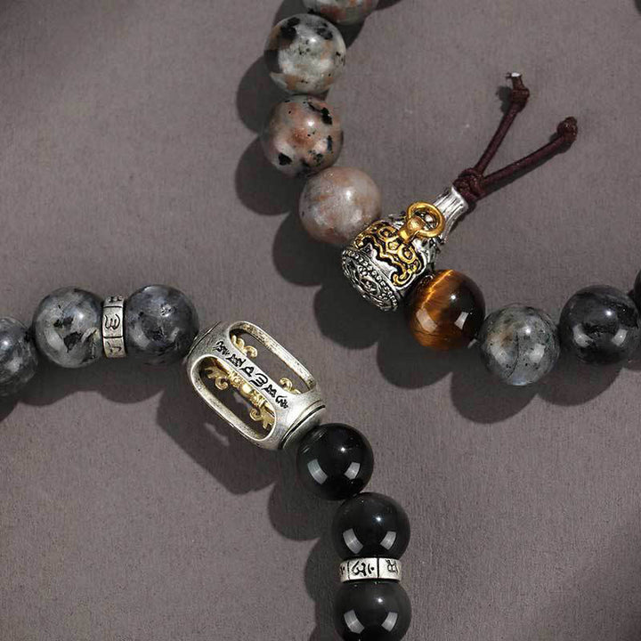 Buddha Stones 925 Sterling Silver Black Onyx Gold Sheen Obsidian Lava Rock Tiger Eye Six True Words Wealth Protection Bracelet - image 14