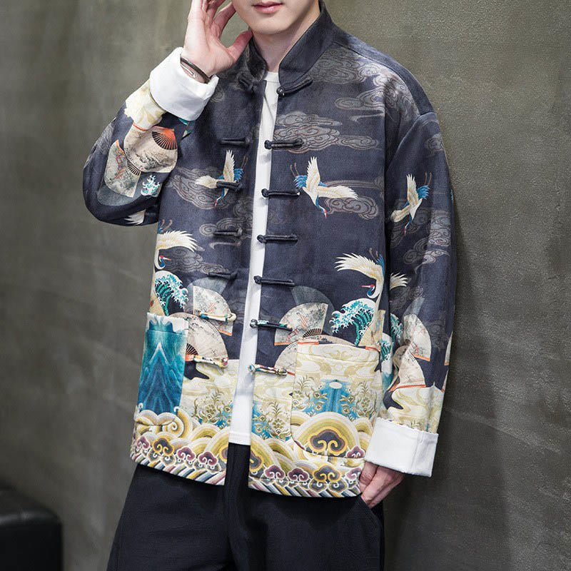 Buddha Stones Frog-Button Chinese Tang Suit Crane Character Long Shirt Cotton Suede Men Jacket Clothing - image 15