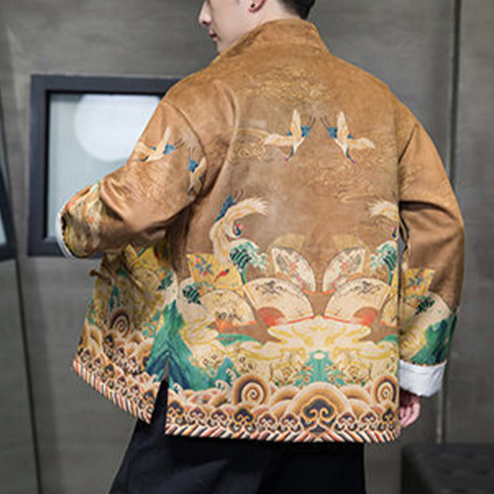 Buddha Stones Frog-Button Chinese Tang Suit Crane Character Long Shirt Cotton Suede Men Jacket Clothing - image 2