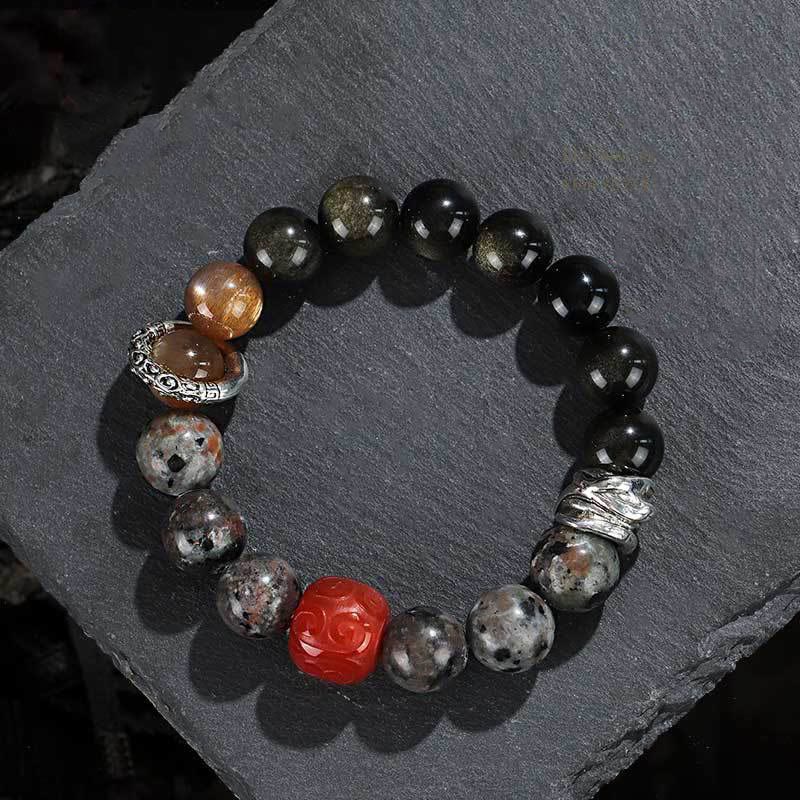 Buddha Stones Gold Sheen Obsidian Lava Rock Red Agate Protection Bracelet - Gold Sheen Obsidian Lava Rock (Wrist Circumference 14-16cm) - image 0