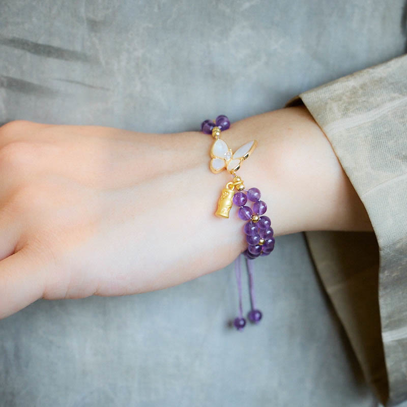 Buddha Stones Amethyst Butterfly Bamboo Balance Relieves Stress Braided String Bracelet - image 5
