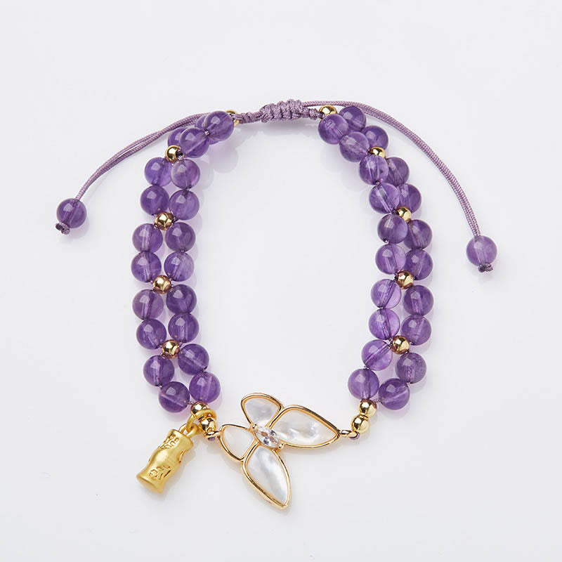 Buddha Stones Amethyst Butterfly Bamboo Balance Relieves Stress Braided String Bracelet - image 2