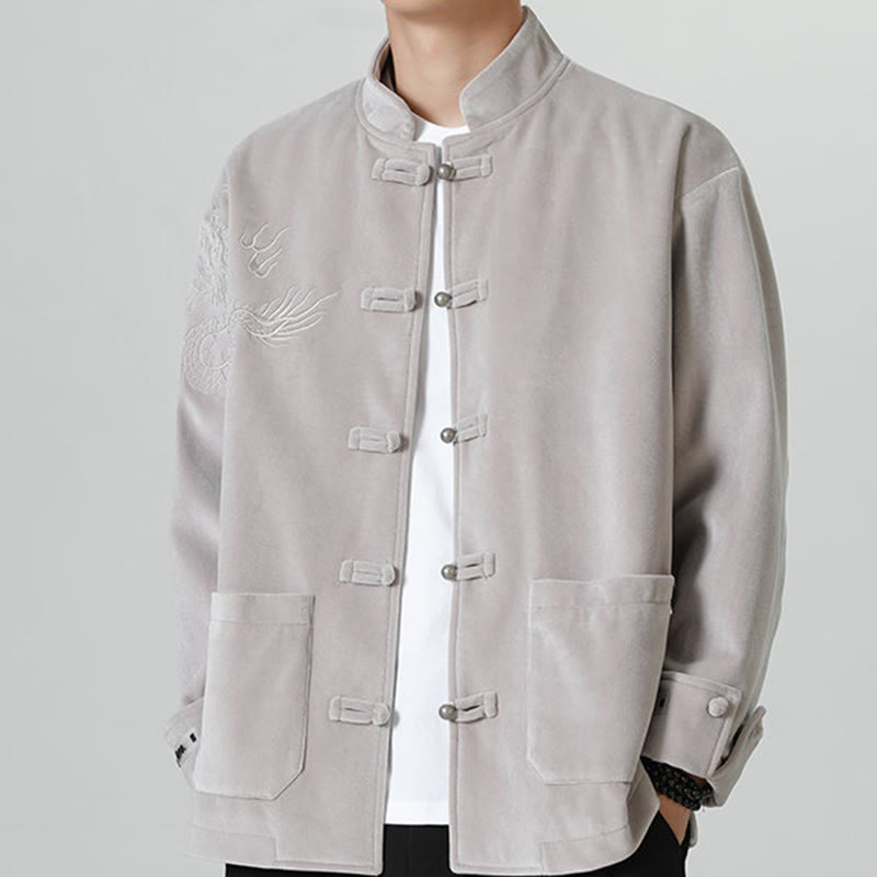 Buddha Stones Embroider Dragon Casual Frog-button Cotton Men's Jacket Shirt Clothing - 	Silver - US/UK/AU46，EU56 (5XL) - image 10