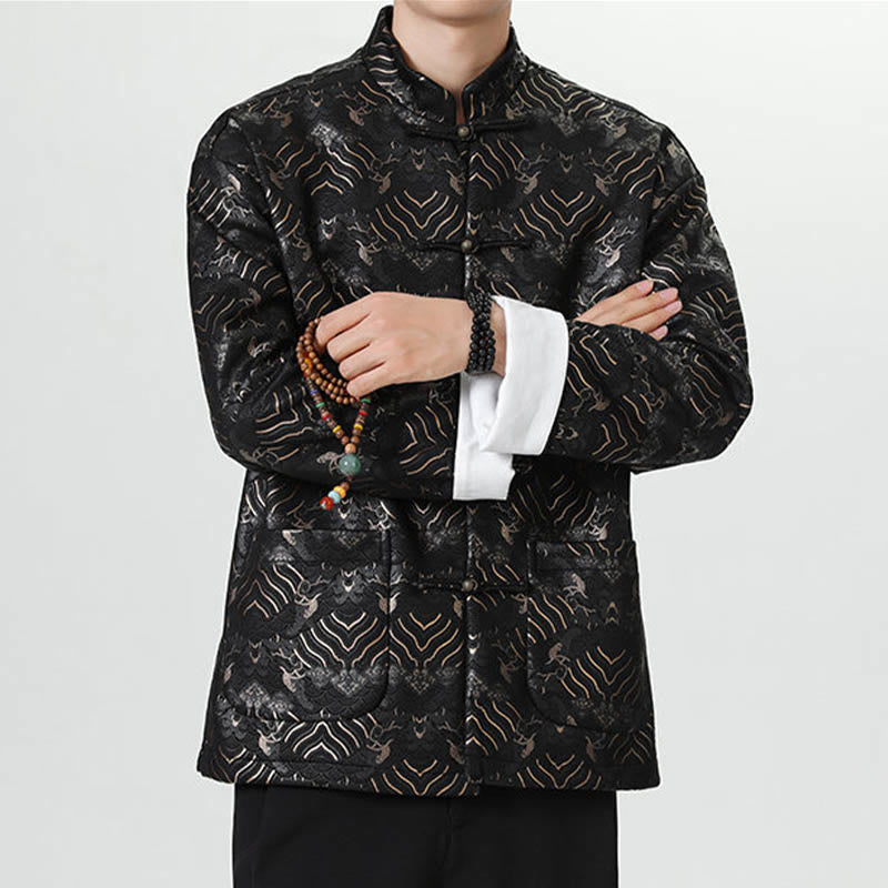 Buddha Stones Frog-Button Chinese Tang Suit Wave Shape Long Shirt Men Jacket Clothing - image 1